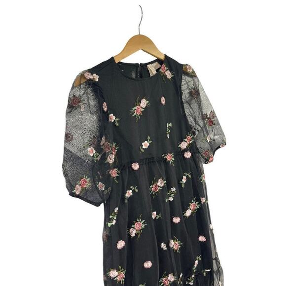 H&M Black Floral Appliqué Mesh Puff Sleeve Midi Dress Fairy Whismigoth Womens XS - Picture 2 of 8